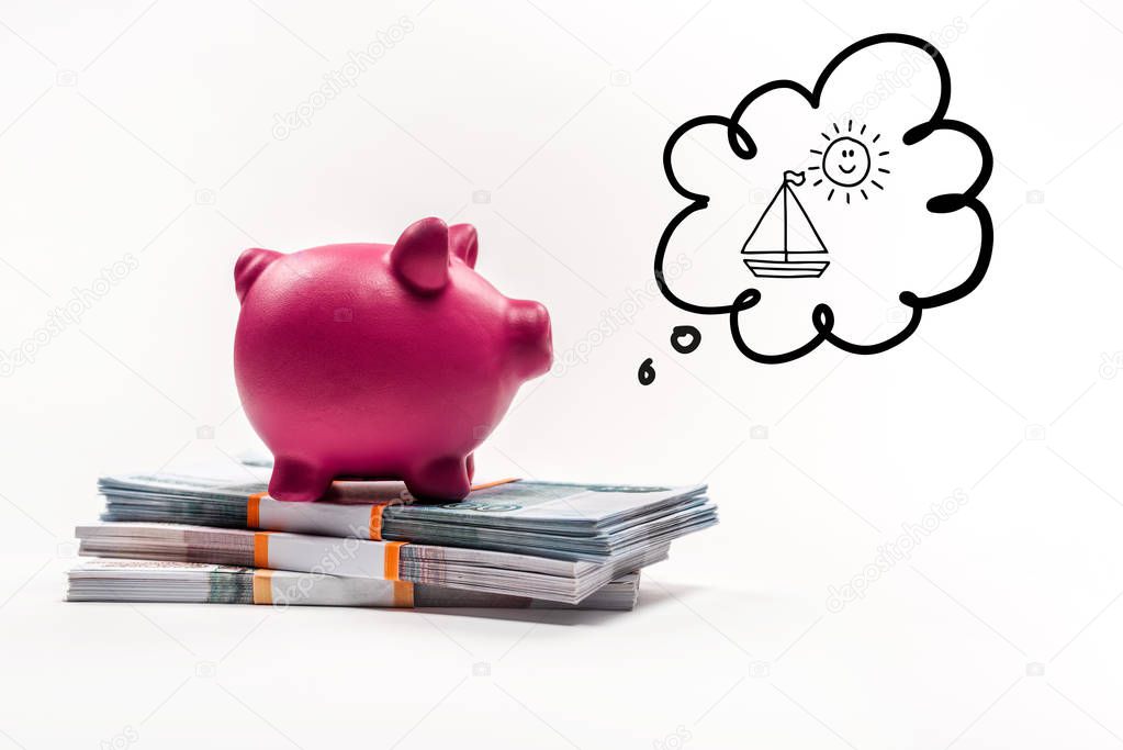 pink piggy bank on stack of russian rubles on white background with house in thought bubble illustration