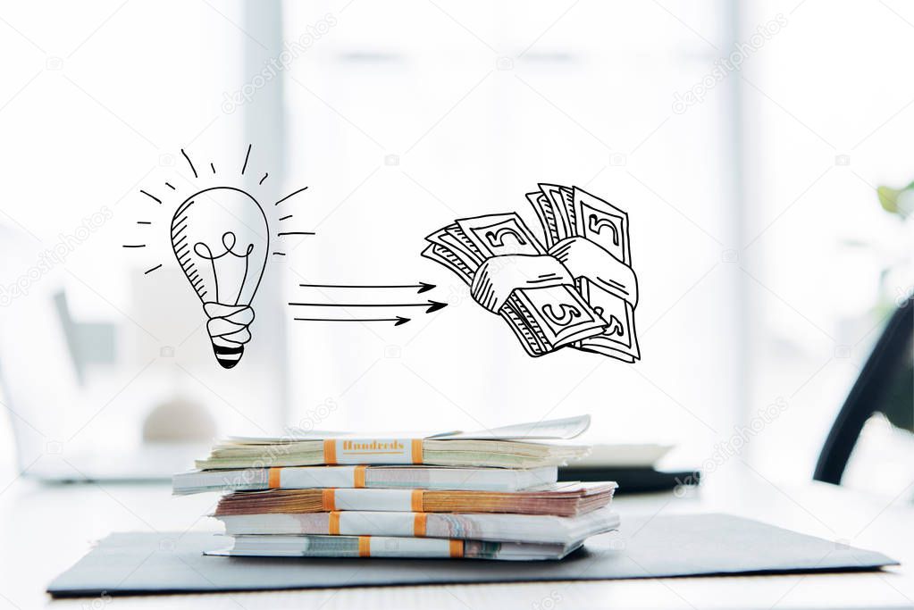 dollar banknotes on table in office with light bulb and dollars illustration