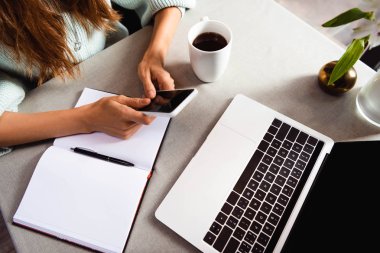 Kafede elinde kahve fincanı olan, not defteri, akıllı telefon ve dizüstü bilgisayarla çalışan kadın görüntüsü.