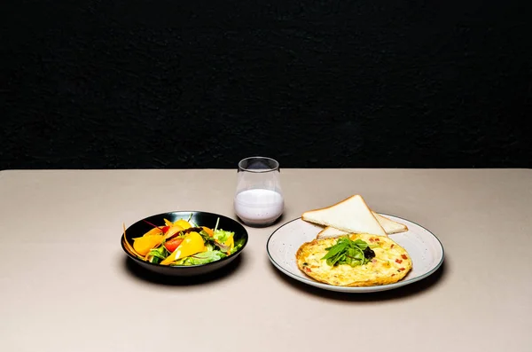 Tasty Salad Omelet Toasts Yogurt Glass Table — Stock Photo, Image