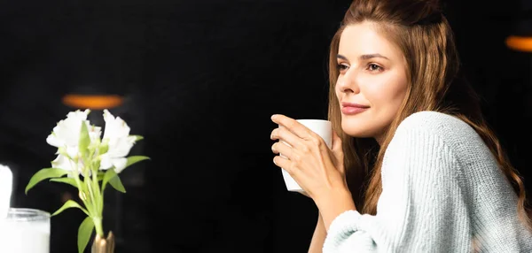 Pensive Woman Holding Cup Coffee Cafe Flowers — Stock Photo, Image