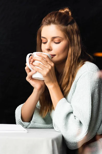 Tender Woman Closed Eyes Holding Cup Coffee Cafe — Stock Photo, Image
