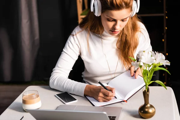 Kulaklıklı güzel kızıl saçlı kadın kafede dizüstü bilgisayarda Webinar izliyor.
