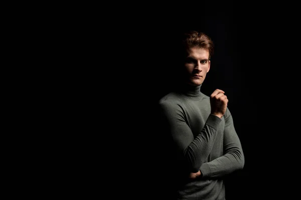 Handsome Pensive Man Posing Isolated Black — Stock Photo, Image