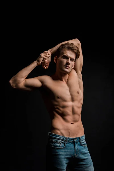 Handsome Shirtless Muscular Man Posing Isolated Black — Zdjęcie stockowe