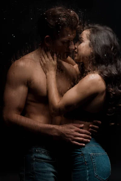 Beautiful Passionate Couple Hugging Kissing Wet Glass — Stock Photo, Image