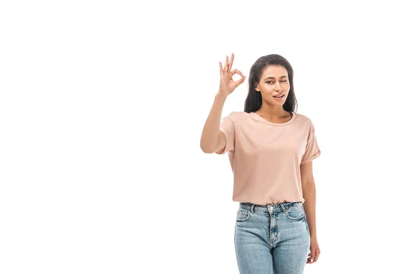 Sly African American Woman Winking Camera Showing Gesture Isolated White — Stock Photo, Image