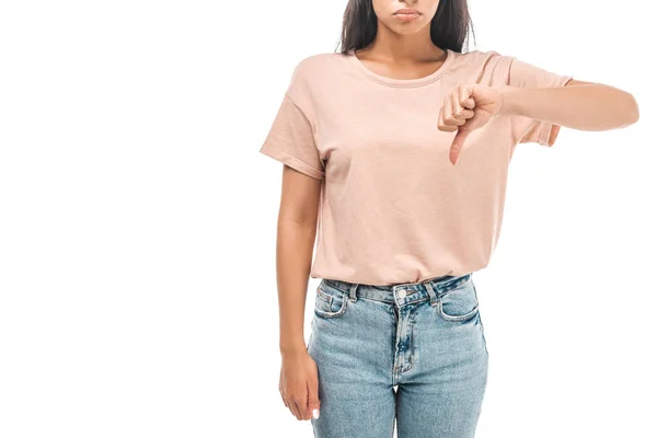 Cropped View Dissatisfied African American Woman Showing Thumb Isolated White — Stock Photo, Image