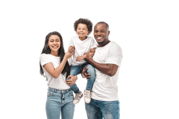 Alegre Afroamericano Padres Sosteniendo Adorable Hijo Sonriendo Cámara Aislado Blanco — Foto de Stock