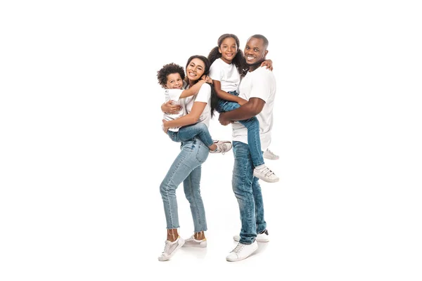 Feliz Afroamericana Mujer Sosteniendo Hijo Marido Sosteniendo Hija Sobre Fondo —  Fotos de Stock