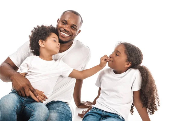 Cheerful African American Boy Touching Nose Sister While Sitting Fathers — Stock Photo, Image
