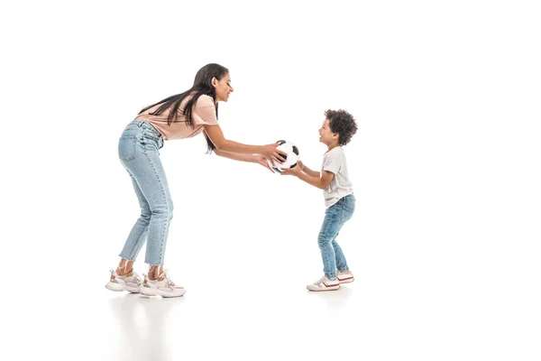 Young African American Woman Giving Soccer Ball Adorable Son White — Stock Photo, Image