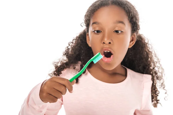 Adorable African American Kid Brushing Teeth Isolated White — Stock Photo, Image