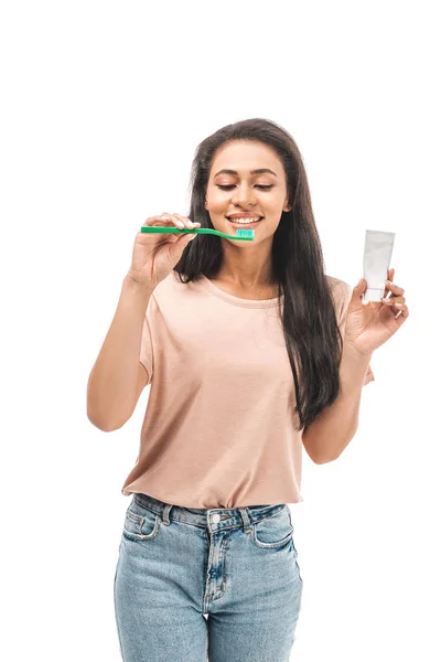 Cheerful African American Woman Brushing Teeth Isolated White — Stock Photo, Image