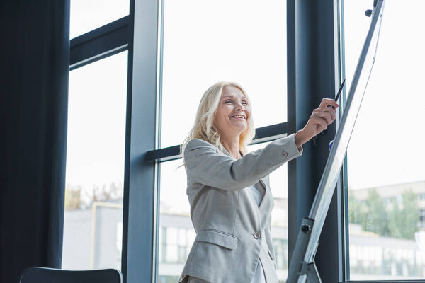attractive mature businesswoman standing near window and pointing with pen at flipchart during business meeting 