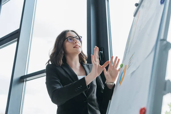 Excited Businesswoman Showing Explain Gesture While Standing Flipchart Business Meeting — Stock Photo, Image