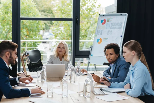 Empresarios Multiculturales Discutiendo Ideas Negocios Durante Reunión Oficina — Foto de Stock