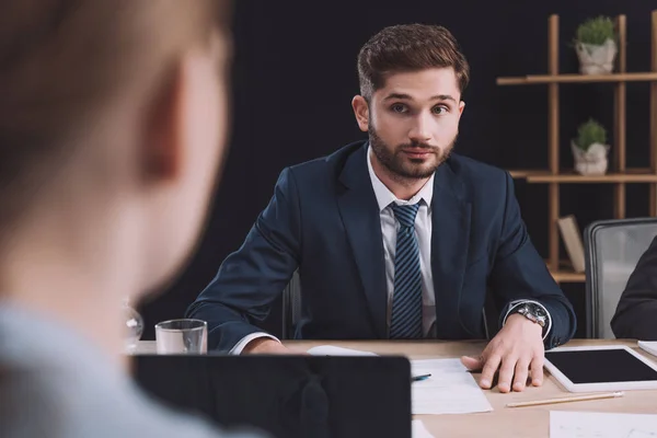 Selective Focus Young Handsome Businessman Looking Colleague Business Meeting — Stock Photo, Image