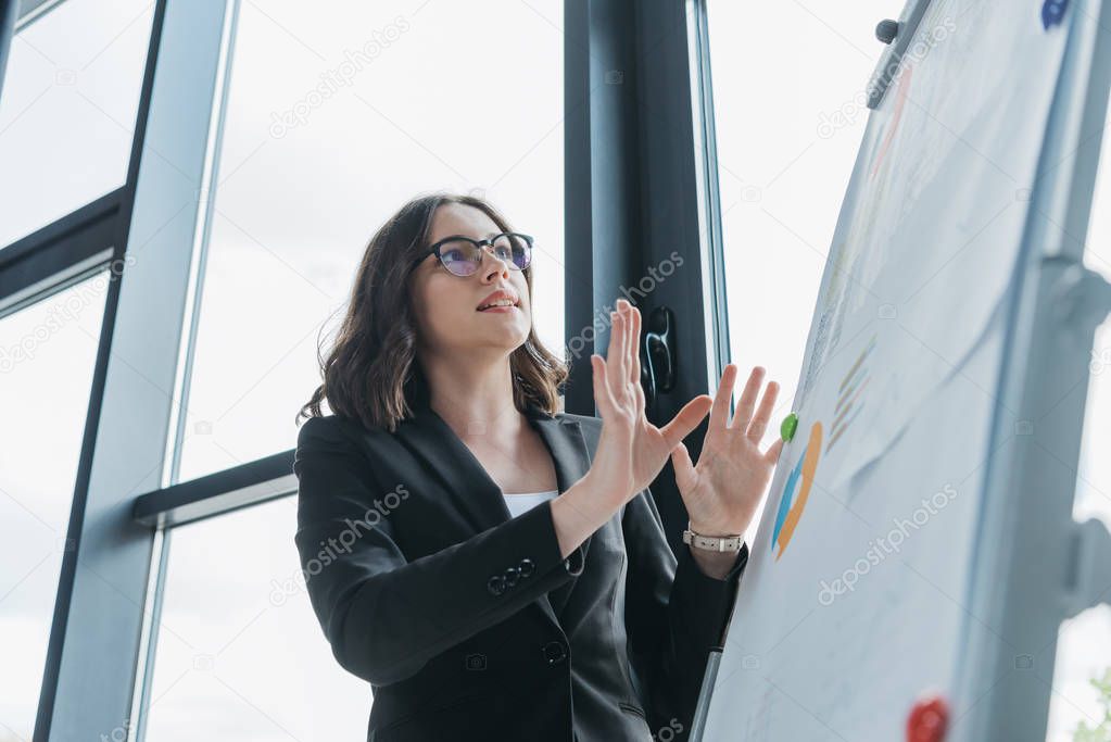 excited businesswoman showing explain gesture while standing near flipchart during business meeting