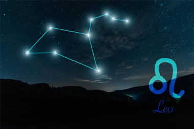 dark landscape with night starry sky and leo constellation clipart