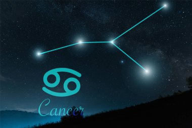 Gece yıldızlı gökyüzü ve kanser takımyıldızıyla karanlık bir yer.