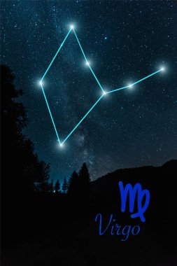 dark landscape with night starry sky and virgo constellation clipart
