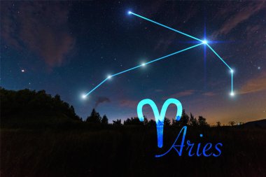 dark landscape with night starry sky and Aries constellation clipart