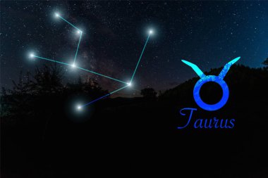 dark landscape with night starry sky and Taurus constellation clipart
