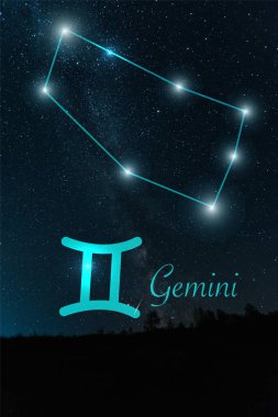 dark landscape with night starry sky and Gemini constellation clipart