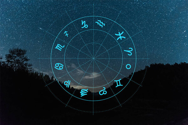 dark landscape with night starry sky and zodiac illustration