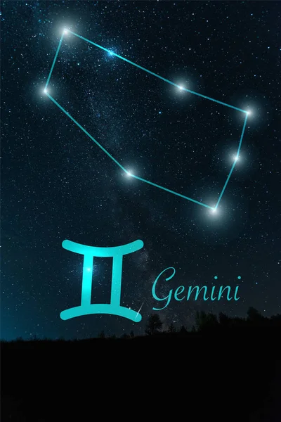 Dark Landscape Night Starry Sky Gemini Constellation — Stock Photo, Image