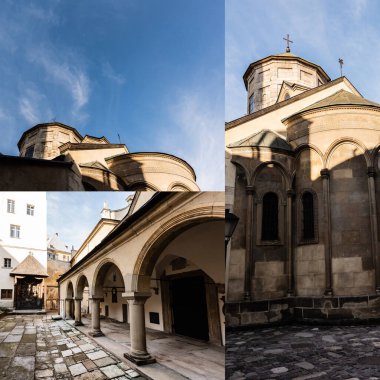 Iviv 'deki mavi gökyüzüne karşı Karmelit Manastırı ve Ermeni Katedrali' nin iç bahçesi kolajı 