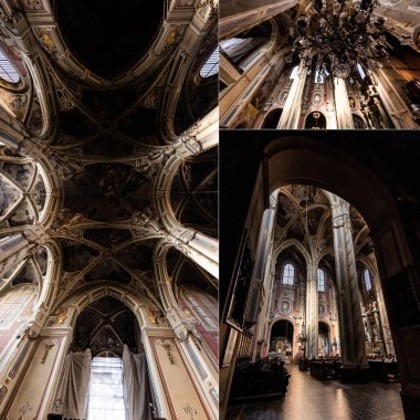 LVIV, UKRAINE - 23 Ekim 2019: Lviv latin katedralindeki antik tavan ve lambaların kolajı