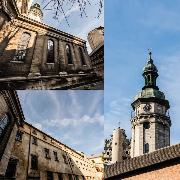 Bernardine Manastırı 'nın iç bahçesi ve mavi gökyüzüne karşı korniakt kulesi kolajı. 