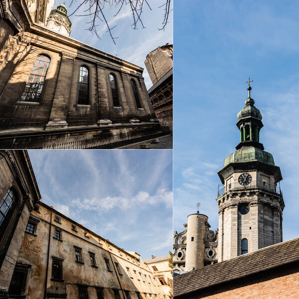 collage of inner yard of bernardine monastery and korniakt tower against blue sky 