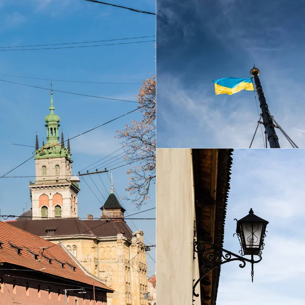 Koláž Věže Korniakt Ukrajinské Vlajky Pouliční Lampy Proti Modré Obloze — Stock fotografie