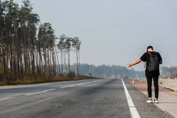 Yeşil ağaçların yanındaki boş yolda otostop çekerken sırt çantalı bir adamın arkadan görünüşü 