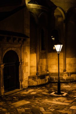 Lviv 'deki gece caddesindeki antik binanın yanındaki sokak lambası. 