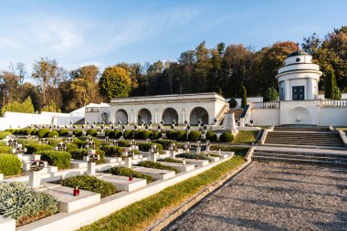 LVIV, UKRAINE - 23 Ekim 2019: Lviv defans mezarlığındaki yeşil ağaçların yanında haçlı ve harfli mezarlık 