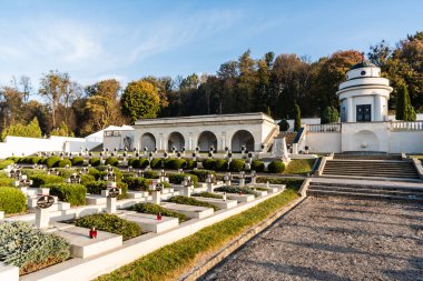 LVIV, UKRAINE - OCTOBER 23, 2019: graveyard with crosses and lettering near green trees on lviv defenders cemetery  clipart