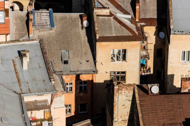 LVIV, UKRAINE - 23 Ekim 2019: çatılarda kuşlar olan eski otantik lviv evlerinin havadan görünüşü