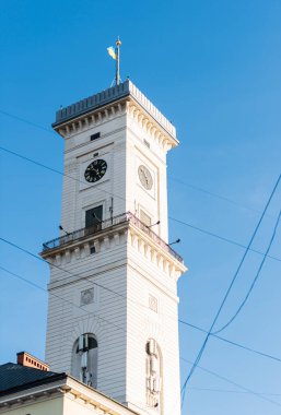 Mavi gökyüzüne karşı yuvarlak saatli lviv belediye binası kulesi