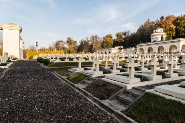 LVIV, UKRAINE - OCTOBER 23, 2019: rows of polish graves with crosses near gravel road in lychakiv cemetery in lviv, ukraine clipart