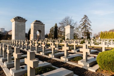 LVIV, UKRAINE - OCTOBER 23, 2019: gravestones with crosses on polish tombs in lychakiv cemetery in lviv, ukraine clipart