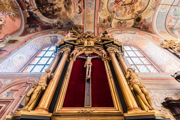 Lviv Ukraine October 2019 Low Angle View Gilded Sculptures Stained — Stock Photo, Image