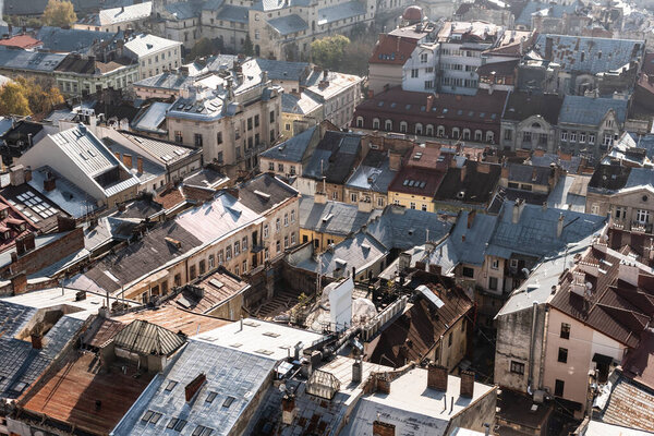 aerial view of old houses in historical center of lviv, ukraine