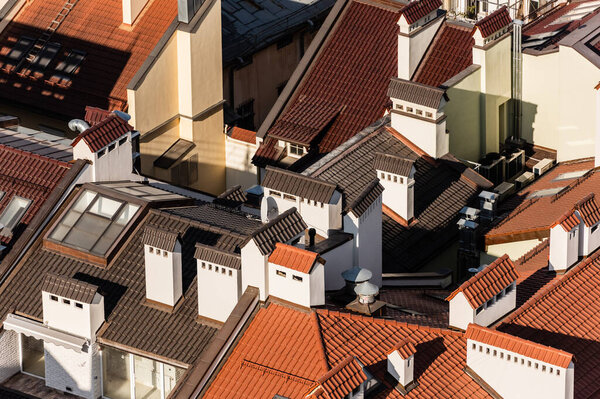 aerial view of houses with colorful tiled roofs in lviv, ukraine