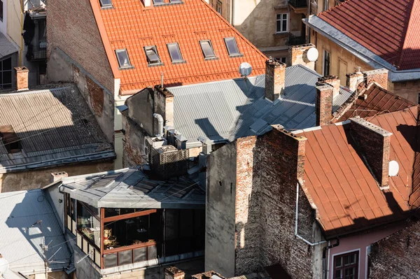 Aerial view of houses with colorful roofs in lviv, ukraine — Stock Image Aerial View Houses Colorful Roofs Lviv Ukraine Stock Photo