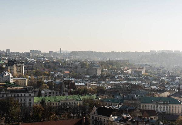 scenic aerial view of city with old houses and skyline, lviv, ukraine