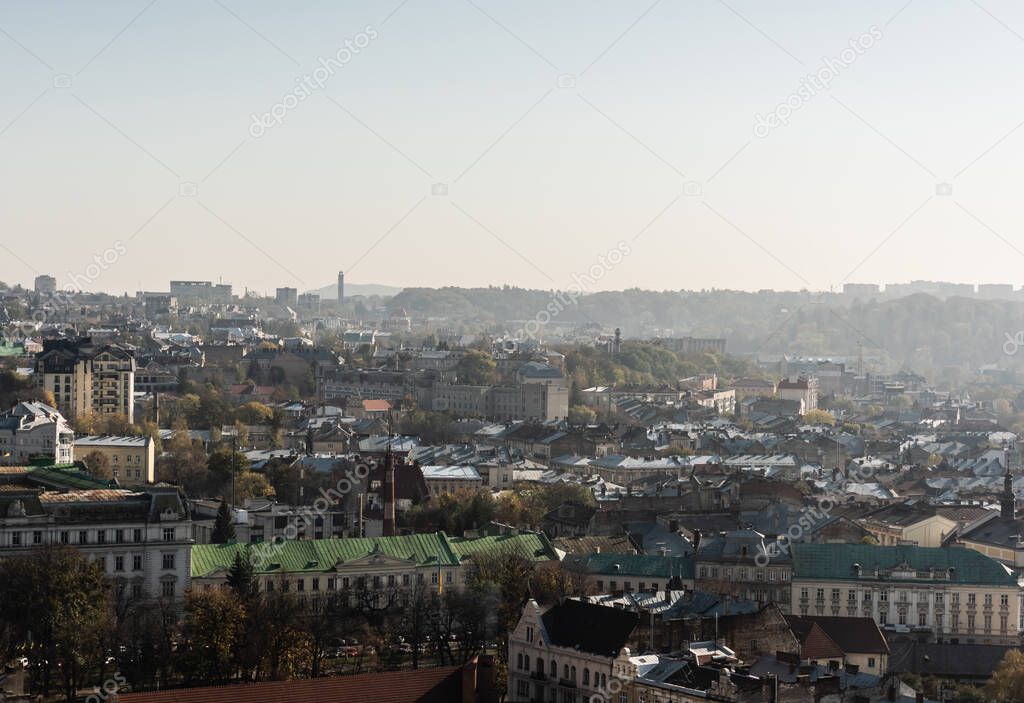 scenic aerial view of city with old houses and skyline, lviv, ukraine